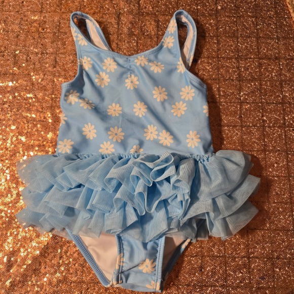 Cat & Jack Baby Girl Blue Daisy Swimsuit Tutu Ruffle One Piece Size 4T‎ - Picture 1 of 6